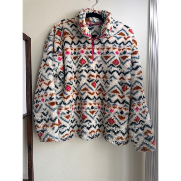 Eddie Bauer Tops - Eddie Bauer Sherpa Fleece Pullover Sweater Geometric Print Women's XL
